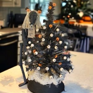 Mr. Bones Skeleton - Black Halloween Tree Bats Pumpkins Modern Farmhouse
